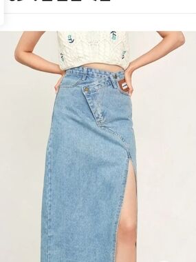 Asymmetrical Light Blue Denim Maxi Skirt with Side Slit